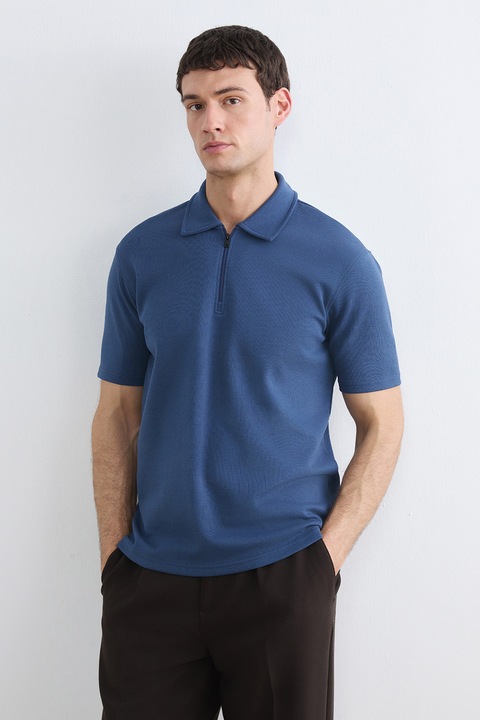 LC WAIKIKI, Tricou polo cu model uni si fenta cu fermoar, Albastru indigo