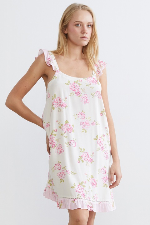 LC WAIKIKI, Camasa de noapte cu decolteu patrat, Fucsia/Alb murdar