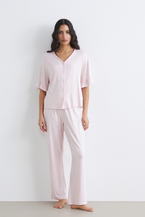 LC WAIKIKI, Pijama cu decolteu in V si nasturi, Roz prafuit, 2XL