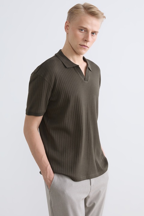 LC WAIKIKI, Tricou polo regular fit cu decupaj in V, Verde masliniu
