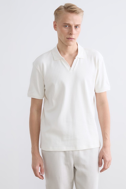 LC WAIKIKI, Tricou polo regular fit cu decupaj in V, Alb murdar