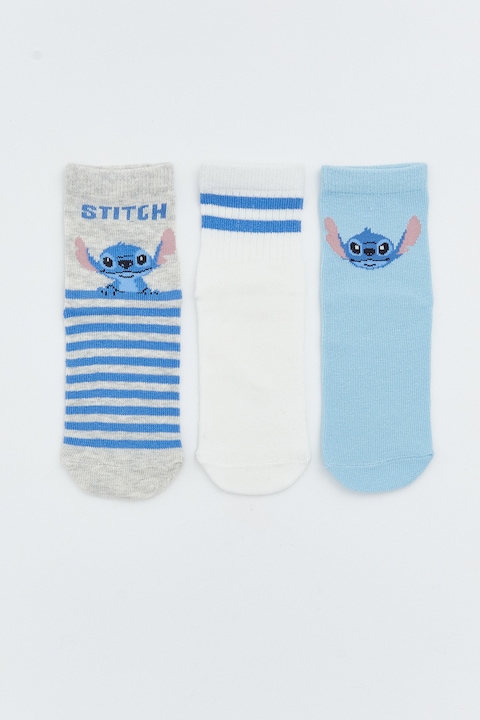 LC WAIKIKI, Set de sosete scurte cu imprimeu Stitch - 3 perechi, Alb/Albastru