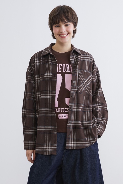 LC WAIKIKI, Camasa supradimensionata cu buzunar pe piept, Alb/Maro cognac