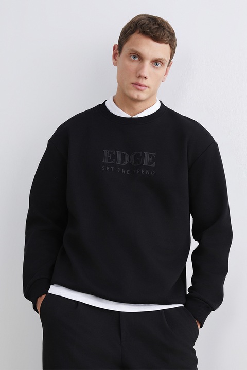 LC WAIKIKI, Bluza de trening cu decolteu la baza gatului si imprimeu text, Negru