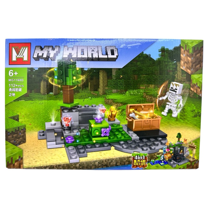 Set constructie My World ascunzatoare cu cufar si schelet 4 in 1 cu 112 piese aventura in padure mg1168D