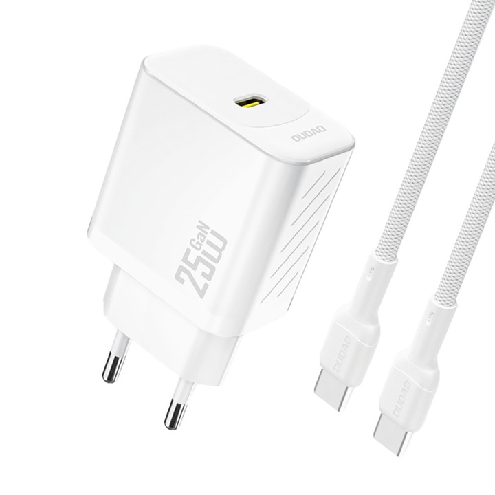 Dudao A27CEU hálózati töltő, 1x USB-C, Power Delivery 25W, USB-C – USB-C kábel 1m mellékelve, Fehér