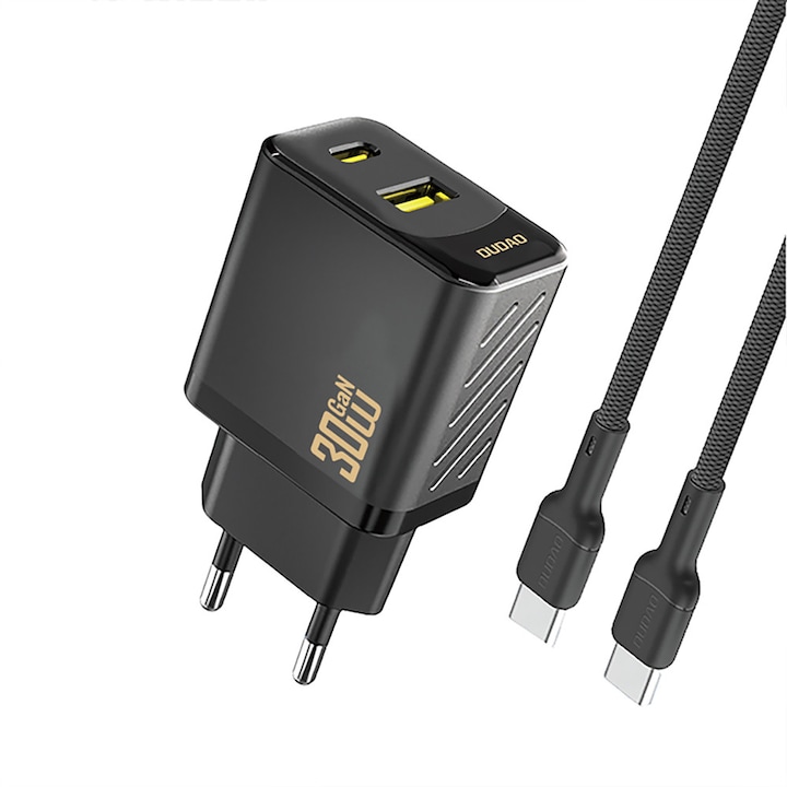 Dudao A27TCEU hálózati töltő, 1x USB-C, 1x USB-A, Power Delivery 30W, USB-C – USB-C kábel mellékelve, fekete