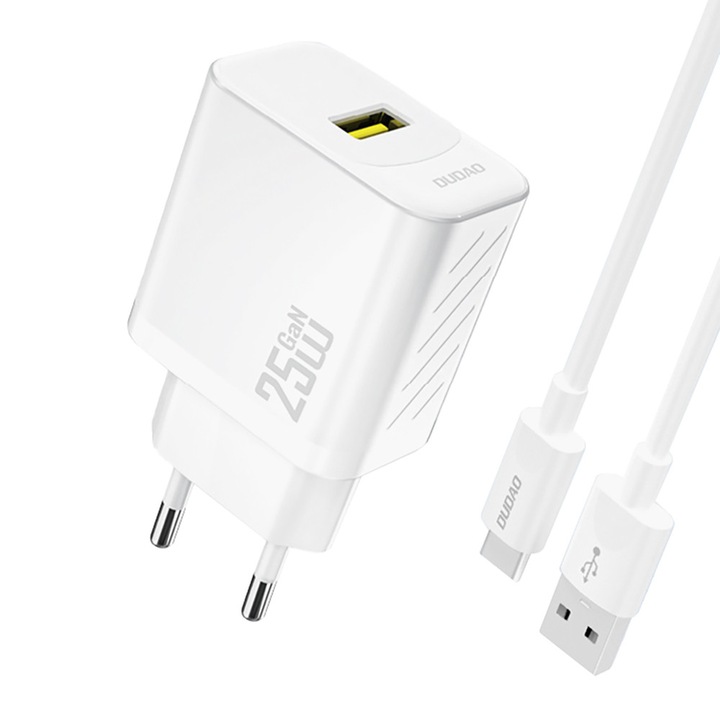 Dudao A27STEU hálózati töltő, USB-A, Power Delivery 25W, USB-A – USB-C kábel mellékelve, fehér