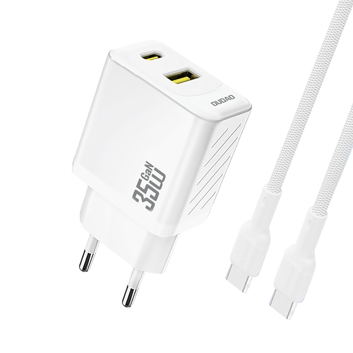 Dudao A27MaxCEU hálózati töltő, 1x USB-C, 1x USB-A, Power Delivery 35W, 1m USB-C - USB-C kábel mellékelve, Fehér
