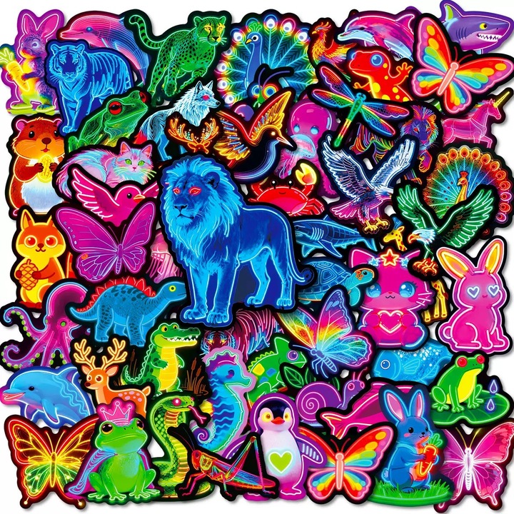 Stickere cu Animale Stil Neon - Set Autocolante Colorate si Luminoase - Autocolante Animale Colorate - Decora Proiectele Tale DIY cu Magie