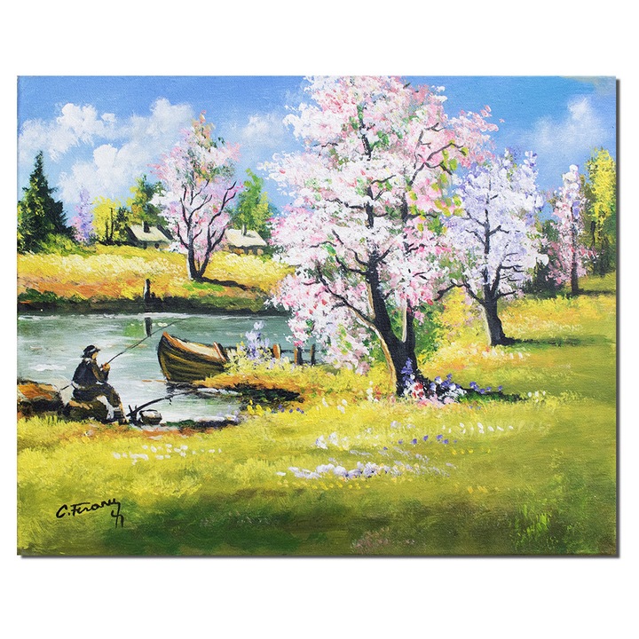 Tablou pesaj de primavara si pescar pictat manual, 50x40cm ulei pe panza, Constantin Feraru