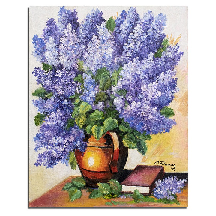 Tablou carafa cu liliac si carte pictat manual, 50x40cm ulei pe panza, Constantin Feraru