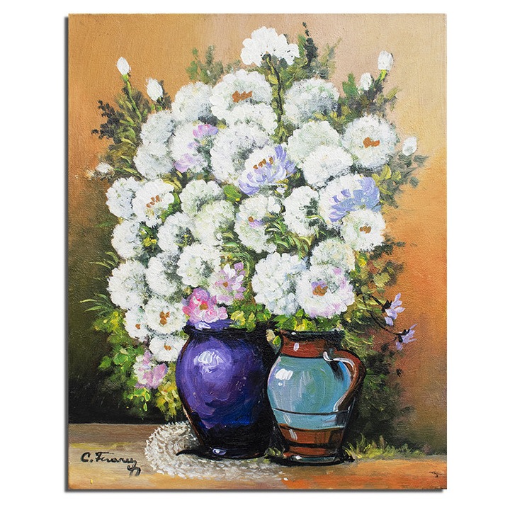 Tablou crizanteme albe pictat manual, Puritate, 50x40cm ulei pe panza, Constantin Feraru