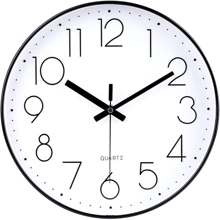 Ceas de perete 12 inch, design simplu, negru si alb, functionare silentioasa, pentru interior