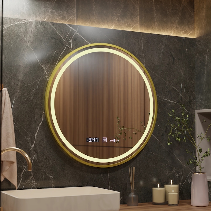 Oglinda LED Rotunda, 70cm, Auriu, Celeste Royale Gold MotionGlow Marcello, Sistem Dezaburire, Ceas & Termometru, Dimabila