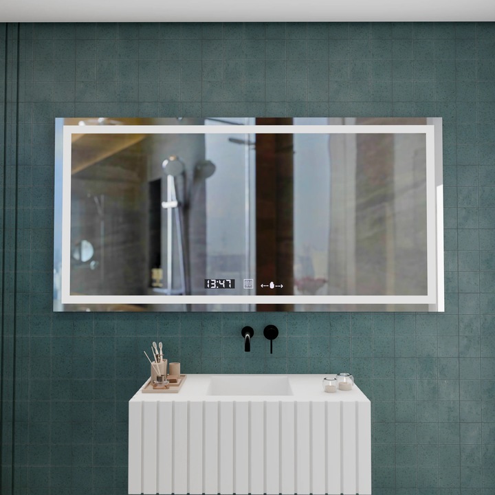 Oglinda LED Rectangulara, 120x60cm, Verite MotionGlow Marcello, Sistem Dezaburire, Ceas & Termometru, Dimabila