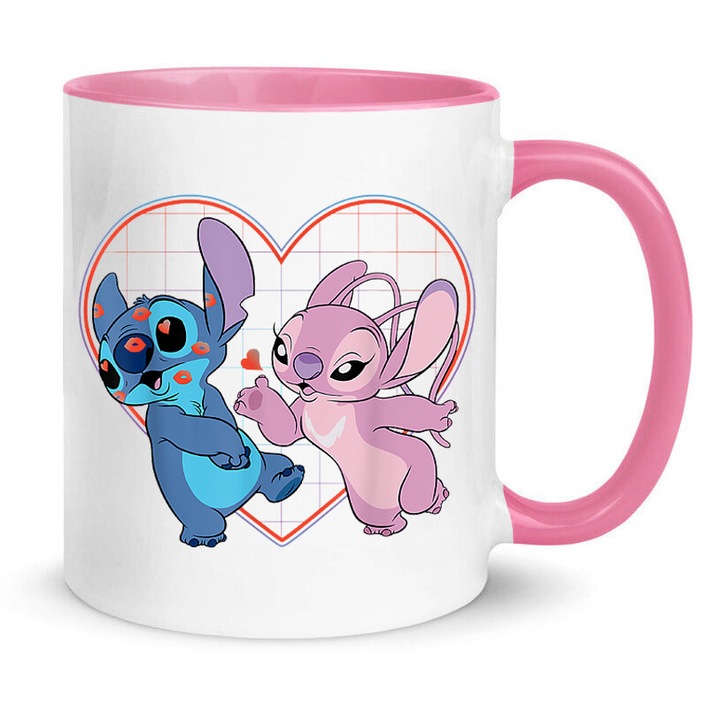 Cana ceramica Lilo & Stitch, design No3, alb, mov si roz, capacitate 330ml, lavabila la masina de spalat.