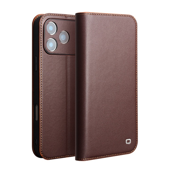 Husa din piele naturala pentru iPhone 17 Pro Max - tip carte, cu buzunare carduri si bani, stand video, textura mata si neteda, Qialino Business Wallet, Maro - Chestnut Brown