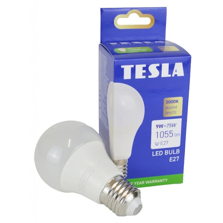 Bec LED TESLA, E27, 9W, lumina calda 3000K, 1055 lumeni, Clasic, 60x108mm