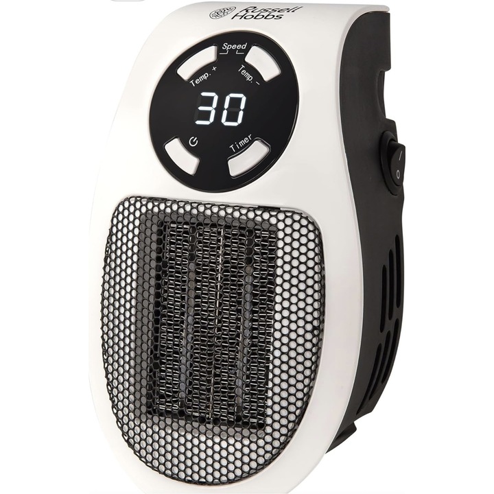 Aeroterma Electrica Portabila Russell Hobbs "Hobos", Model RHPH200, 368W, Termostat Reglabil, Timer 12h, Display LED, Protectie Supraincalzire, Plug-In Compact, Alb-Negru