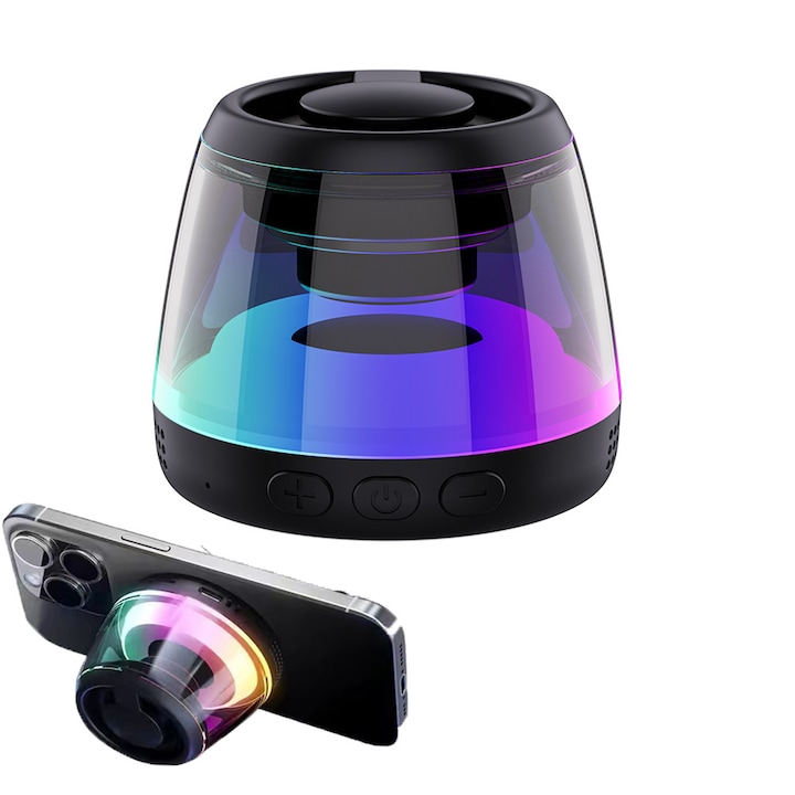 Boxa Mini Wireless KETYA®, Portabila cu Prindere Magnetica, Sunet Stereo TWS pentru Gaming si Muzica, Difuzor 40 mm cu Bass Imbunatatit prin Diafragma Pasiva, Iluminare RGB, Design Transparent Cyber, Baterie Reincarcabila 600 mAh, Ideal Pentru Plimbari