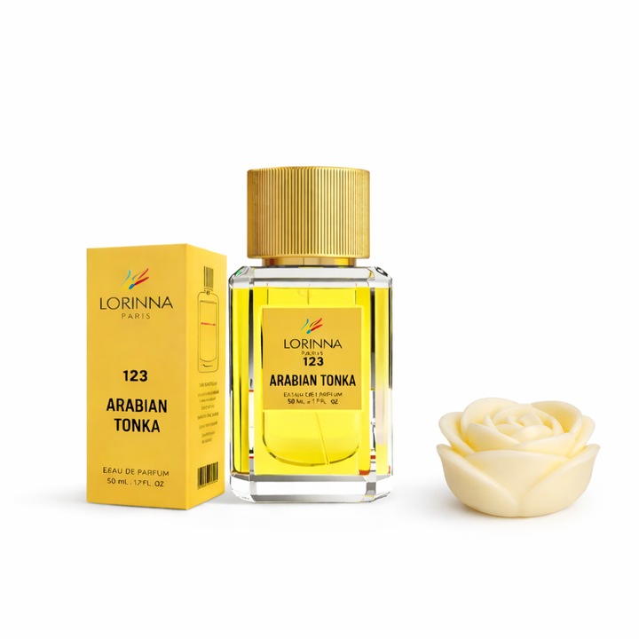 Set Extract de Parfum Lorinna Paris Parfum 123 Arabian Tonka, unisex, 50 ml si lumanare parfumata, ceara naturala