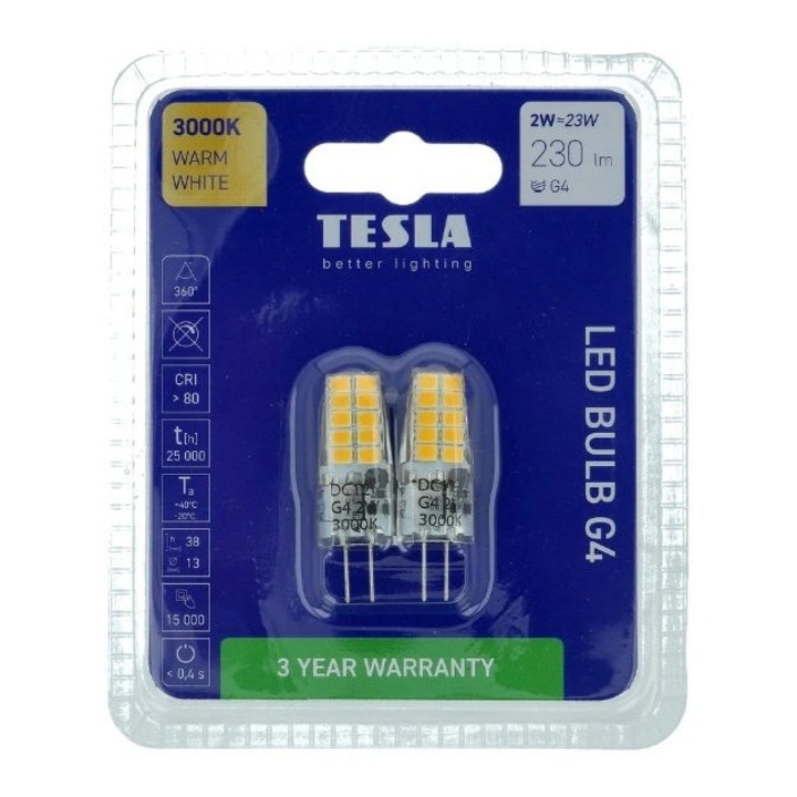 Bec LED, TESLA, G4 alb cald capsula transparenta 360°, pachet 2 bucati