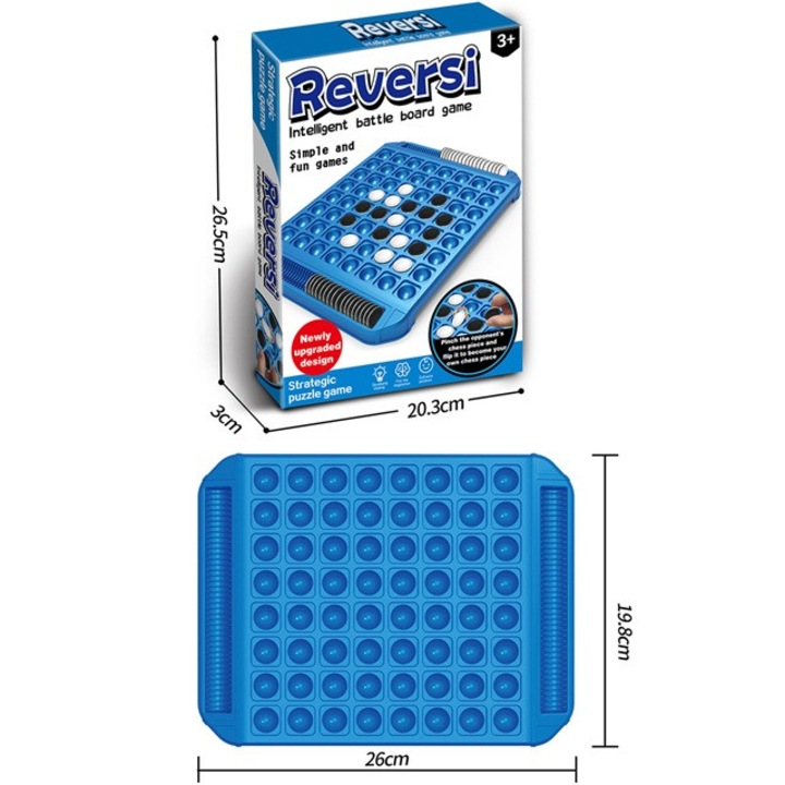 Joc de strategie Reversi, gandire logica, 2 jucatori, joc de adversar, joc de societate, 6 ani+, scoala, adaptarea la mediu, schimbari multiple, regulament inclus, 64 discuri alb-negru, plastic, 26.5x20cm, albastru deschis, SIPEDO