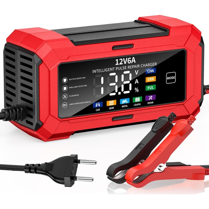 Redresor auto NewSun 12V 6A cu afisaj color si functie reparare, rosu