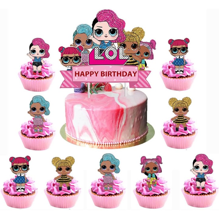 Set 25 bucăți figurine L.O.L. Surprise! Diva Bon Bon Queen Bee, decorațiuni tort și cupcakes pentru petreceri aniversare, multicolor