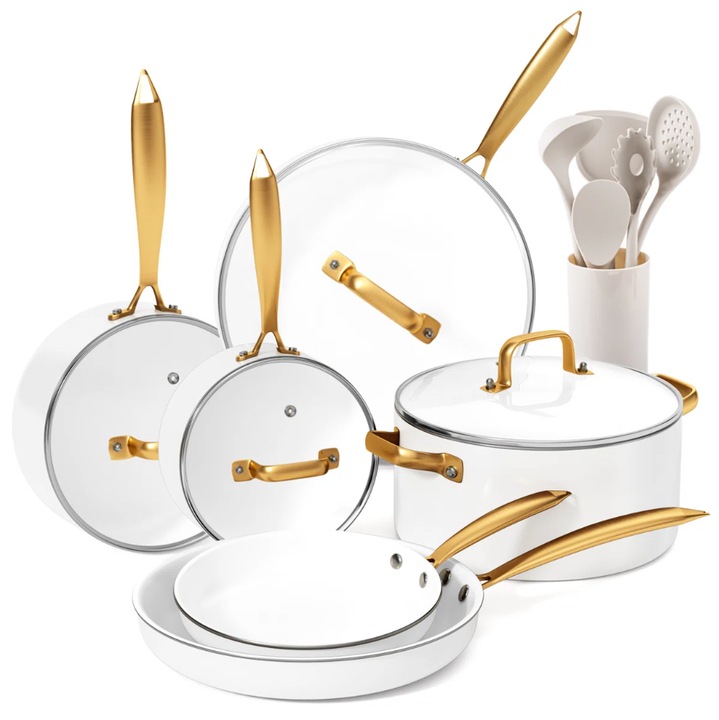 Set Oale si Tigai Antiaderente - Set Vase de Gatit Ceramice cu Set Ustensile de Gatit, Seturi Vase de Gatit de Bucatarie Non-Toxice Oala Olandeza cu Capac Set Cratite Set Tigai pentru Gatit Cadouri
