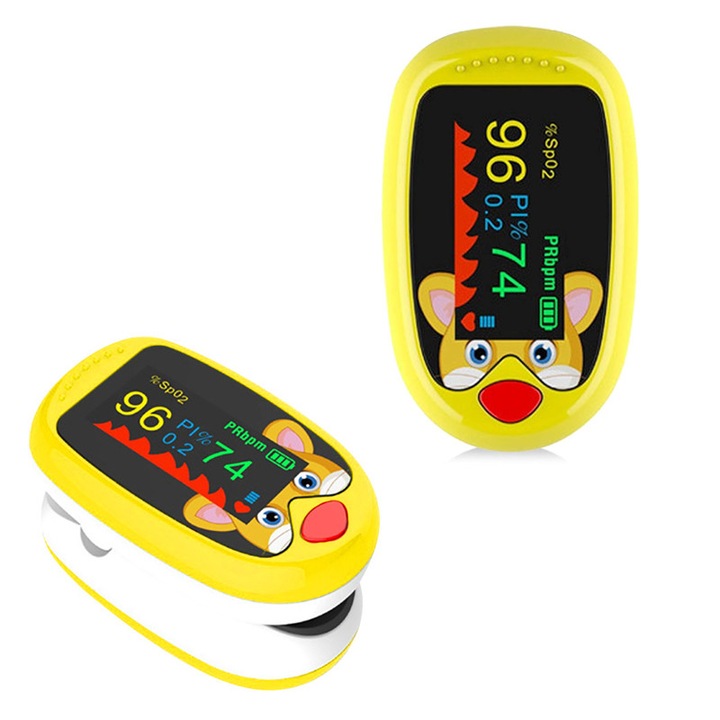 Pulsoximetru pediatric pentru deget, galben, 140x130x40mm, pentru uz casnic, masurare SpO2, portabil