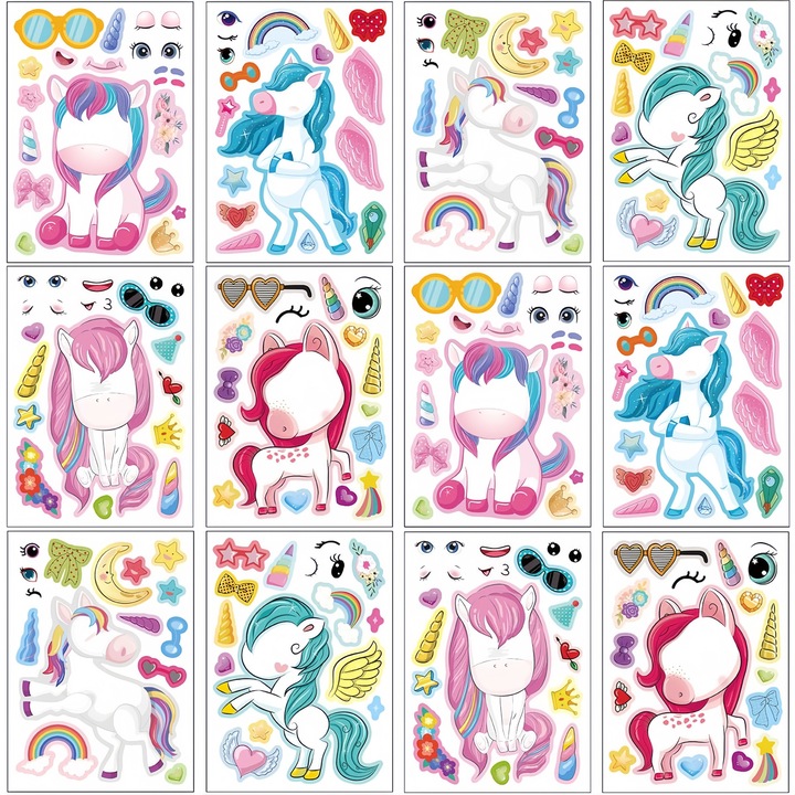 Set 12 foi stickere unicorn, Poisoon, 21x15cm, multicolor, pentru copii