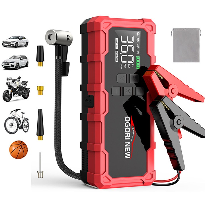 Starter auto，Starter auto portabil cu Compressor Multifunctional ，Starter auto OGORI-B18， 9000A cu Compresor 150PSI, Baterie 26800mAh, Lanterna LED – pentru benzina si diesel 16L，Starter Baterie, Power Bank, Lanterna LED, Portabil，rosu