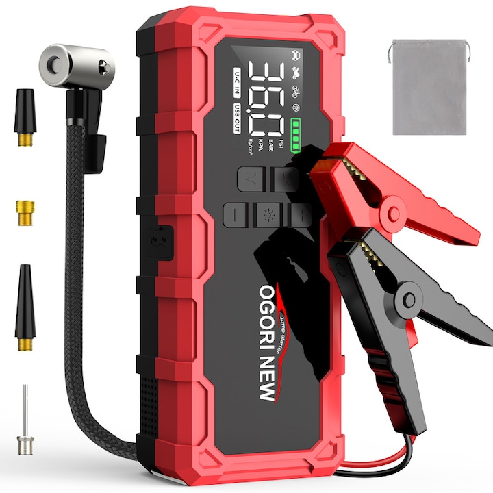 Starter auto portabil cu Compressor Multifunctional ，Starter auto OGORI-B18， 9000A cu Compresor 150PSI, Baterie 26800mAh, Lanterna LED – pentru benzina si diesel 16L，Starter Baterie, Power Bank, Lanterna LED, Portabil，rosu