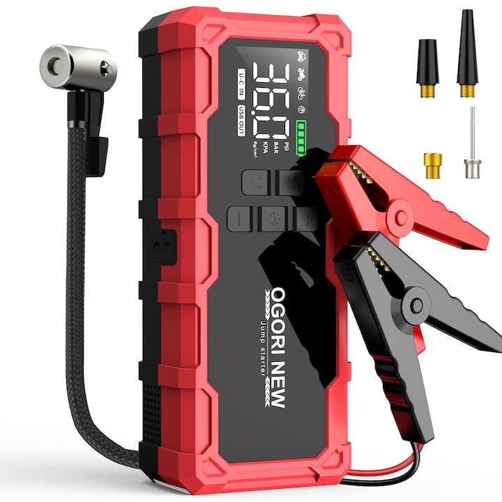 Starter auto portabil cu Compressor Multifunctional，OGORI B08-B 8000A Starter auto power si compresor aer, pornire rapida a masinii Presiune maxima 150 PSI – Acumulator 21800mAh, Power Bank, Lumina LED, Motocicleta, Camion，Starter Baterie，Power Bank，rosu