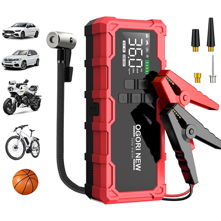 Starter auto portabil，Starter auto portabil cu Compressor Multifunctional，OGORI 8000A Starter auto power si compresor aer, pornire rapida a masinii Presiune maxima 150 PSI ，21800mAh, Power Bank, Lumina LED, Motocicleta，Starter Baterie，Power Bank，rosu