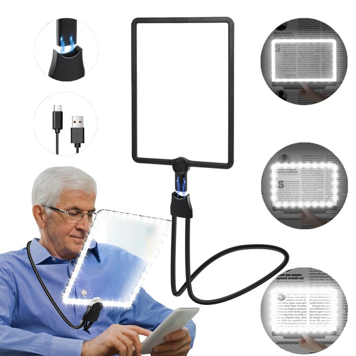 Lupa cu LED, Bedee, Portabil, 5X, cu gat de gasa flexibil, Luminozitate reglabil, Lentila ultra clara, Reincarcabil, Unghi reglabil, Design ergonomic, Purtabila la gat, Hands-free, pentru lucru de aproape, citit, hobby-uri, cusut, Negru