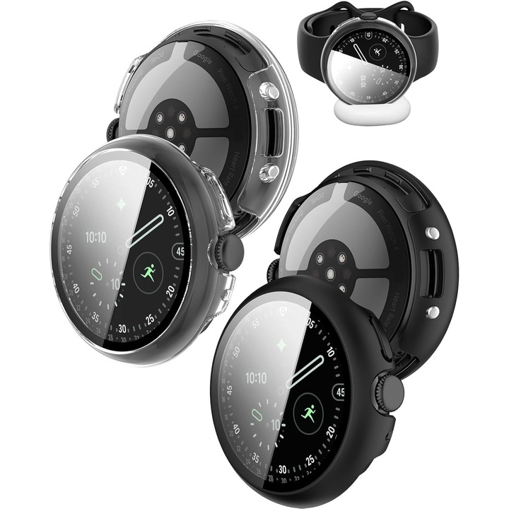 2-Pack Husa pentru Google Pixel Watch 4 41mm cu Protectie de Ecran si 2*Accesorii de Incarcare, Chucai, Carcasa Integrala din PC Rezistent, Rezistenta la Zgarieturi, Fara Bule, Negru+Transparent1