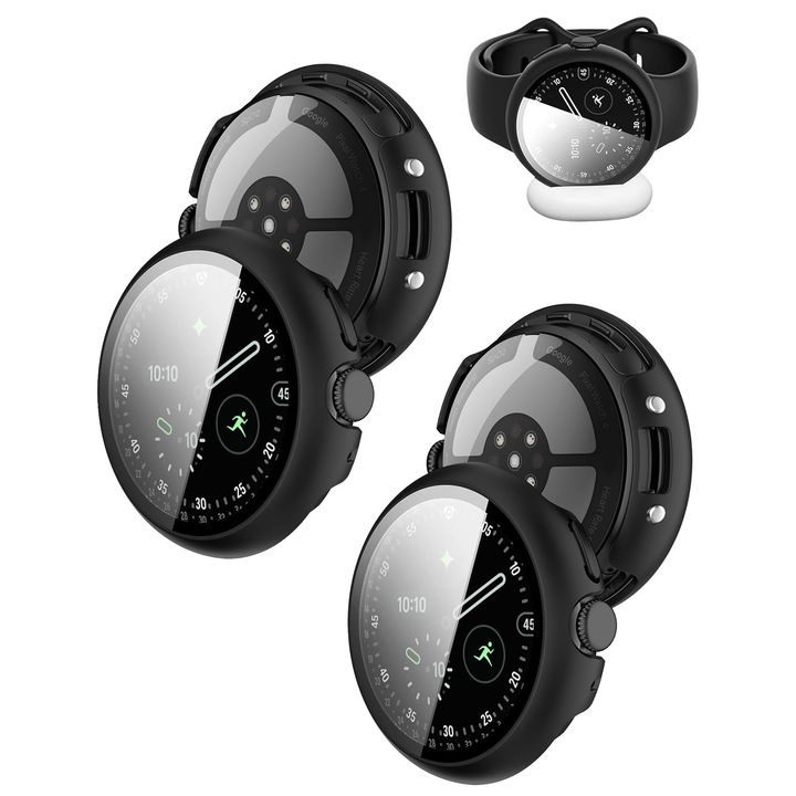 2-Pack Husa pentru Google Pixel Watch 4 45mm cu Protectie de Ecran si 2*Accesorii de Incarcare, Chucai, Carcasa Integrala din PC Rezistent, Rezistenta la Zgarieturi, Fara Bule, Negru+Negru