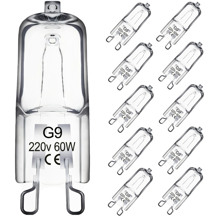 Комплект 10 халогенни крушки, Chucai, G9, 60W, 450LM, топло бяло, димируеми, 220V, с двупинов цокъл за полилеи, висящи лампи, осветление за шкафове, подмяна на ландшафтно осветление