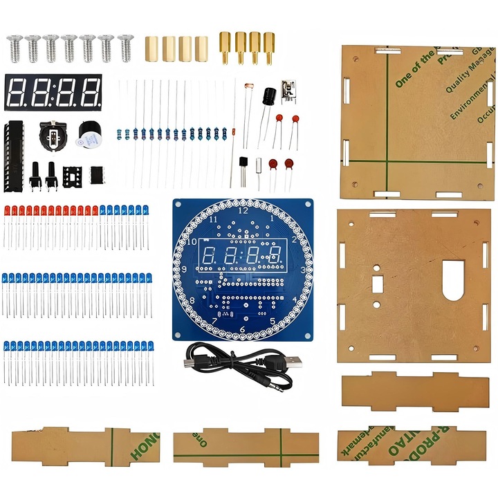 Kit ceas electronic LED DIY, DS1302, Cablu de alimentare, Include caseta montaj, Microcontroler, Componente electronice, Albastru
