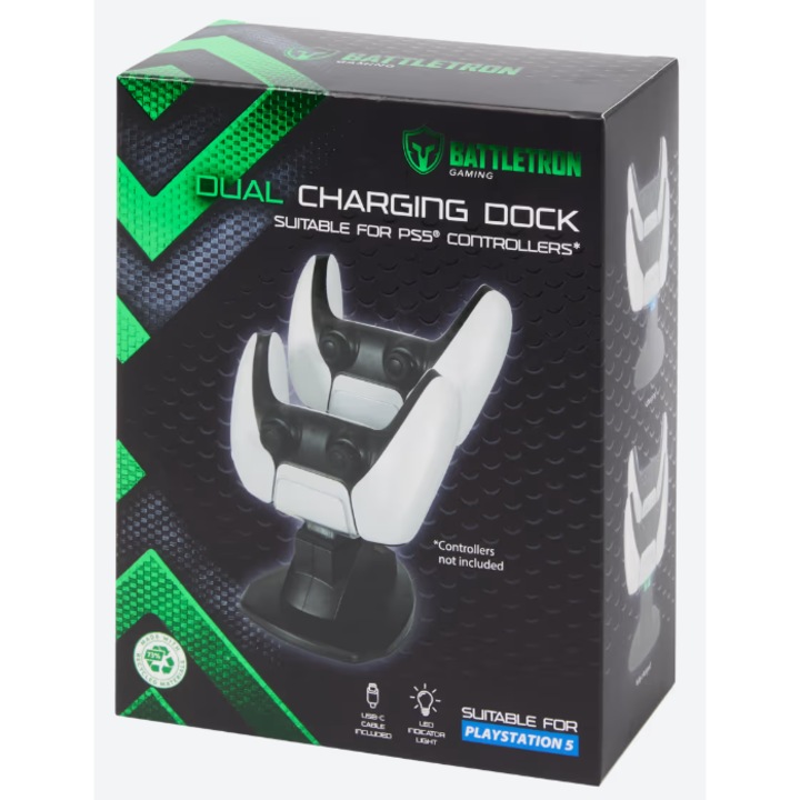 Stație de încărcare duală BATTLETRON pentru controlere PS5, indicator LED, dimensiuni 14x11x15cm, lungime cablu 50cm