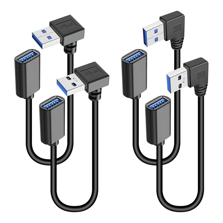 Set 4 Adaptoare de extensie USB 3.0, Chucai, 30cm, unghi de 90 de grade, Negru