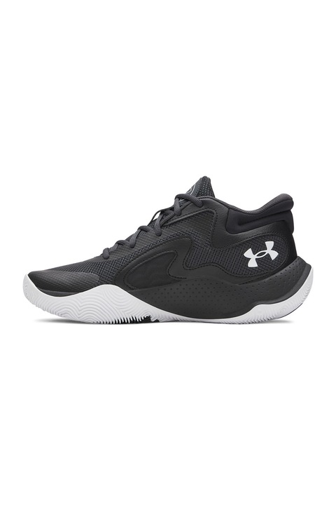 Under Armour, Pantofi mid-cut Jet '25 cu detaliu logo pentru baschet, Alb/Negru/Gri antracit