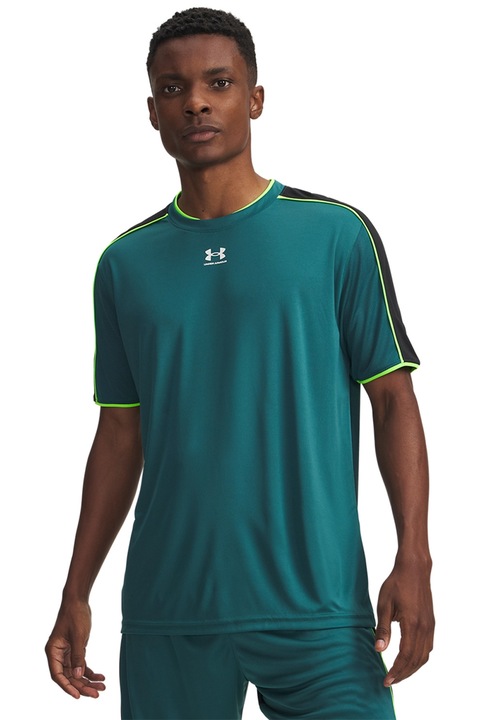 Under Armour, Tricou cu decolteu la baza gatului si logo, pentru fotbal, Verde electric/Verde feriga