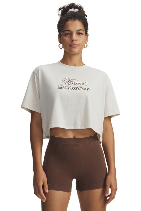 Under Armour, Tricou crop Script Heart, Alb optic/Maro pamantiu