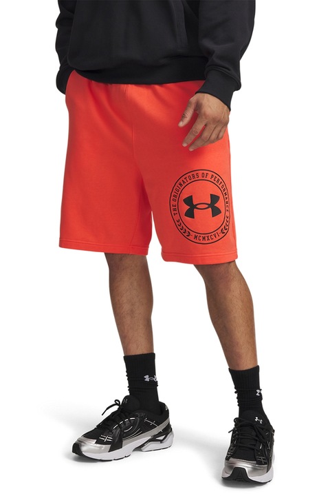 Under Armour, Pantaloni scurti din amestec de bumbac cu croiala lejera si imprimeu logo Rival, Coral/Gri antracit