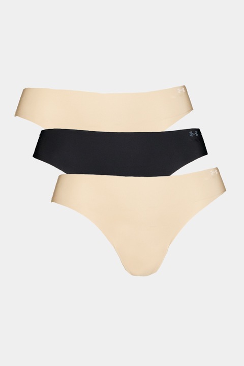 Under Armour, Set de chiloti tanga fara cusaturi pentru fitness Pure Stretch - 3 perechi, Negru/Bej