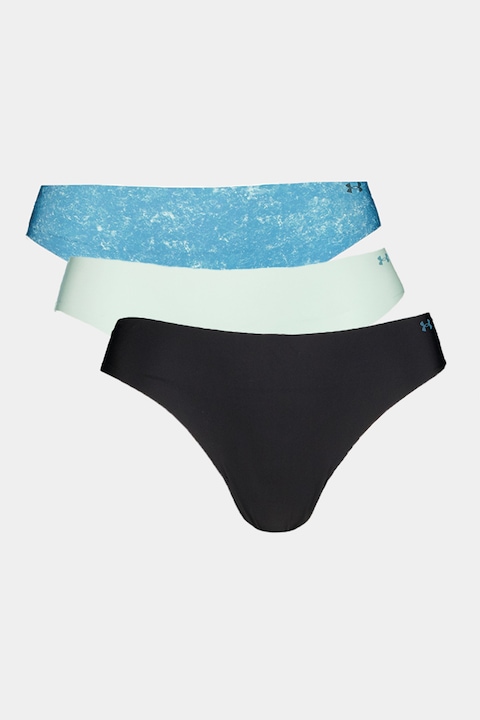 Under Armour, Set de chiloti tanga fara cusaturi pentru antrenament Pure Stretch - 3 perechi, Negru/Albastru inchis/Albastru deschis